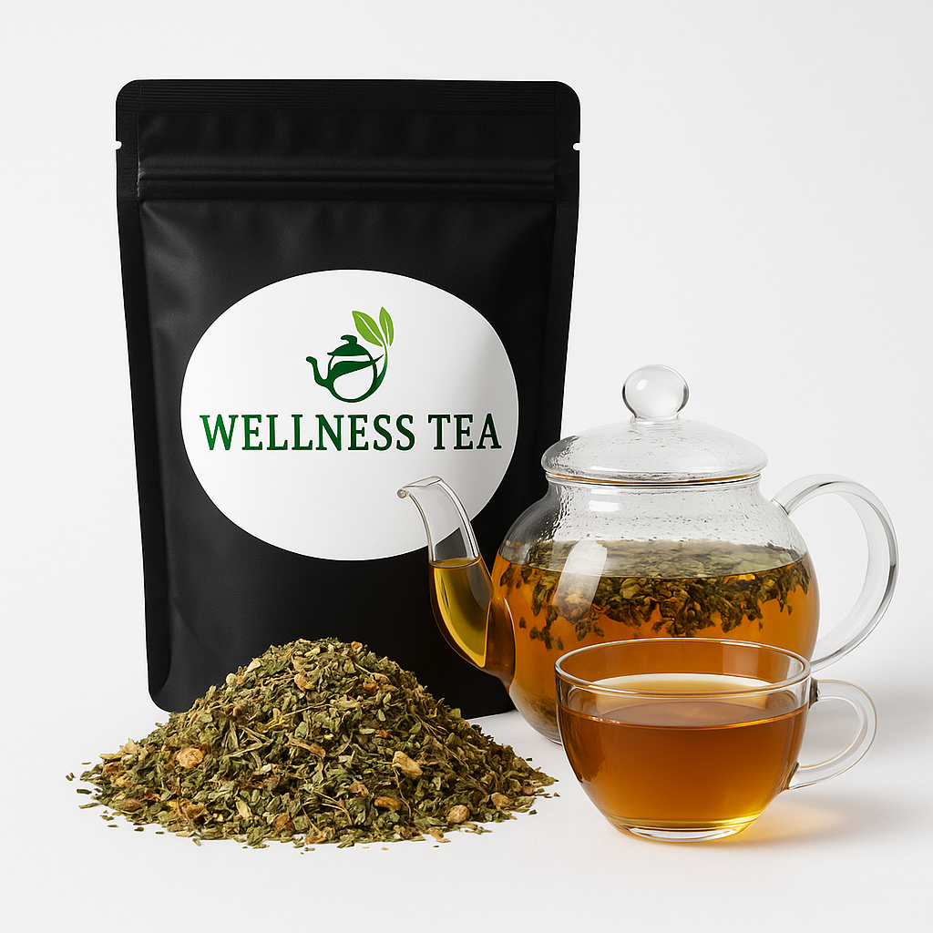 Buikrust kruidenthee – zwarte Wellness Tea verpakking met theepot, glas en losse kruiden