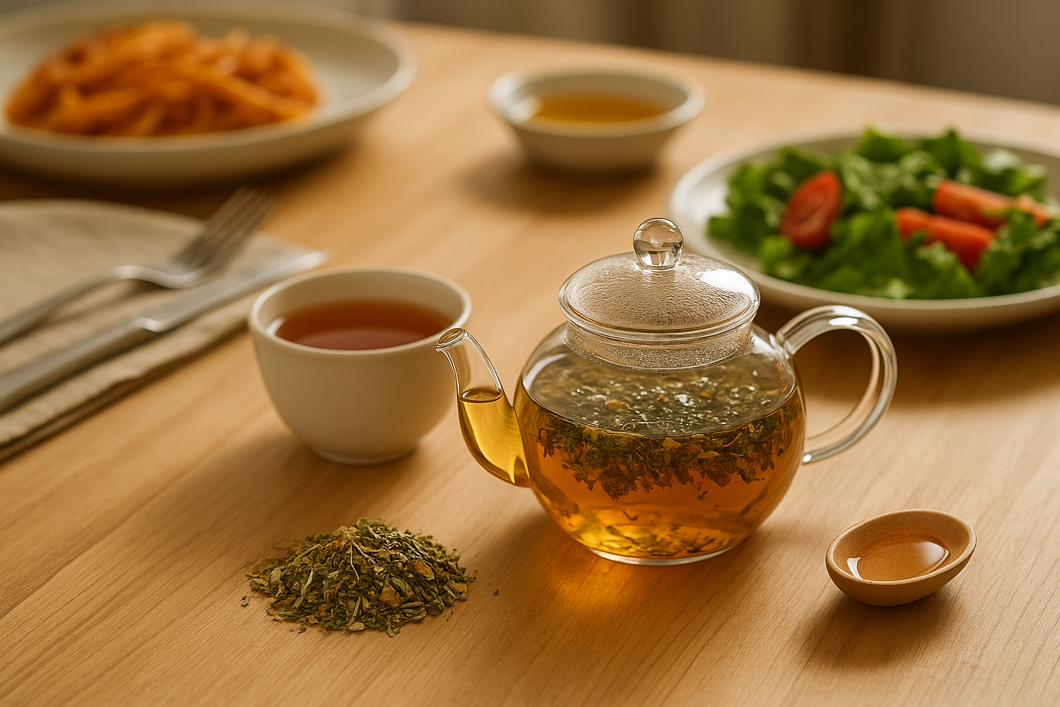Sfeervol moment met Buikrust kruidenthee: theepot, kopje en salade na de maaltijd