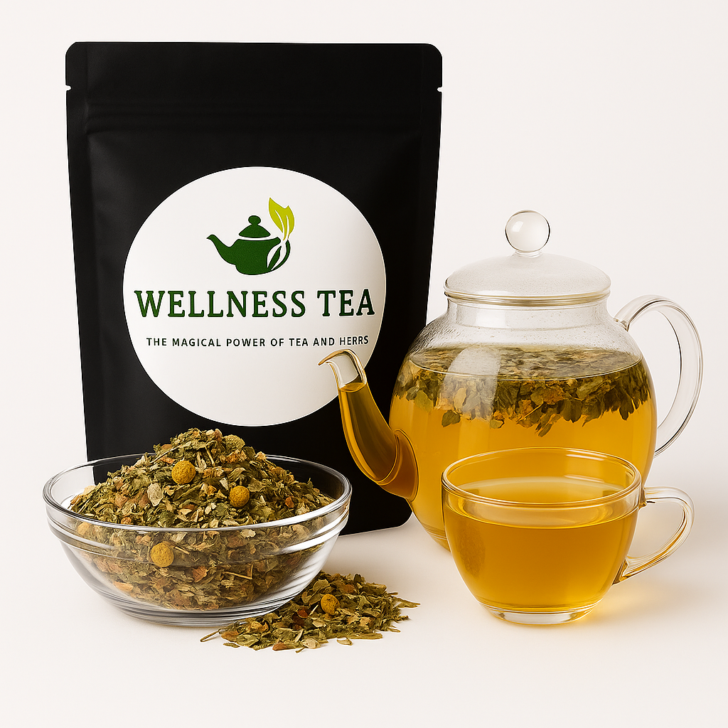 Slank & Fit kruidenthee – zwarte Wellness Tea verpakking met theepot en glas