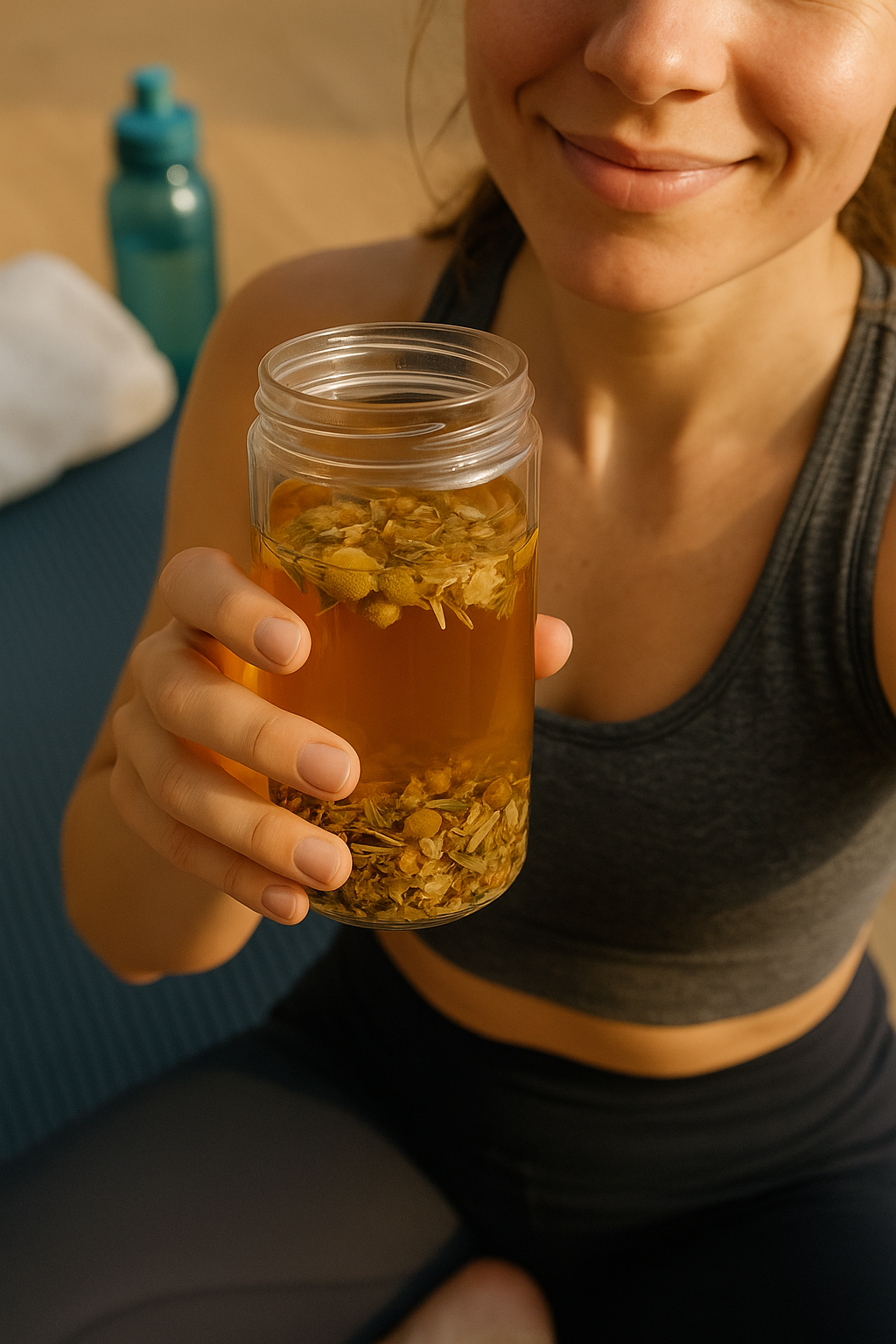 Close‑up: vrouw op yogamat met pot Slank & Fit kruidenthee na workout
