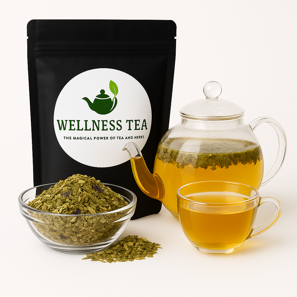 Zen Nights kruidenthee – verpakking van Wellness Tea met glazen theepot en glas