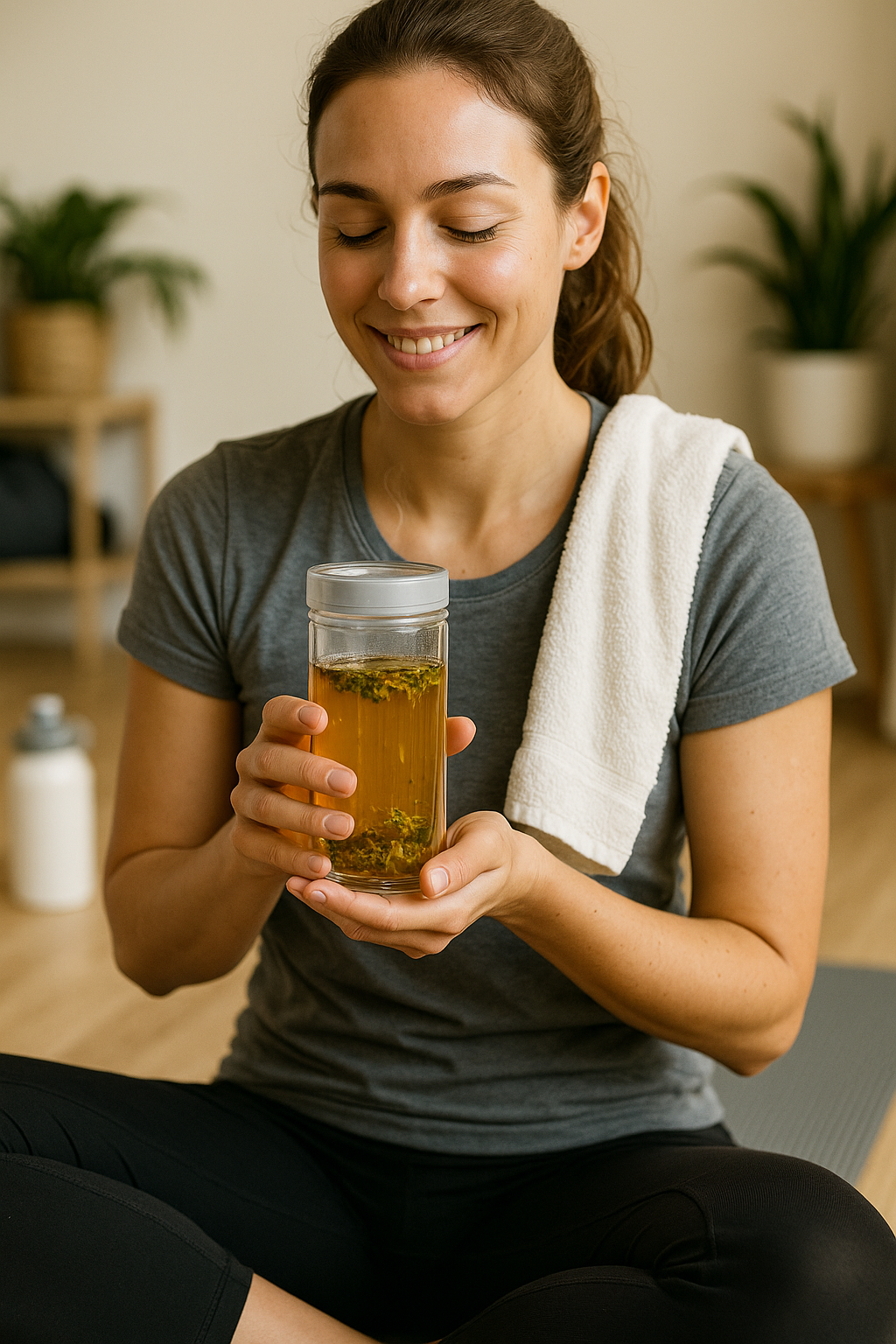 Vrouw na workout houdt glas Slank & Fit kruidenthee en glimlacht