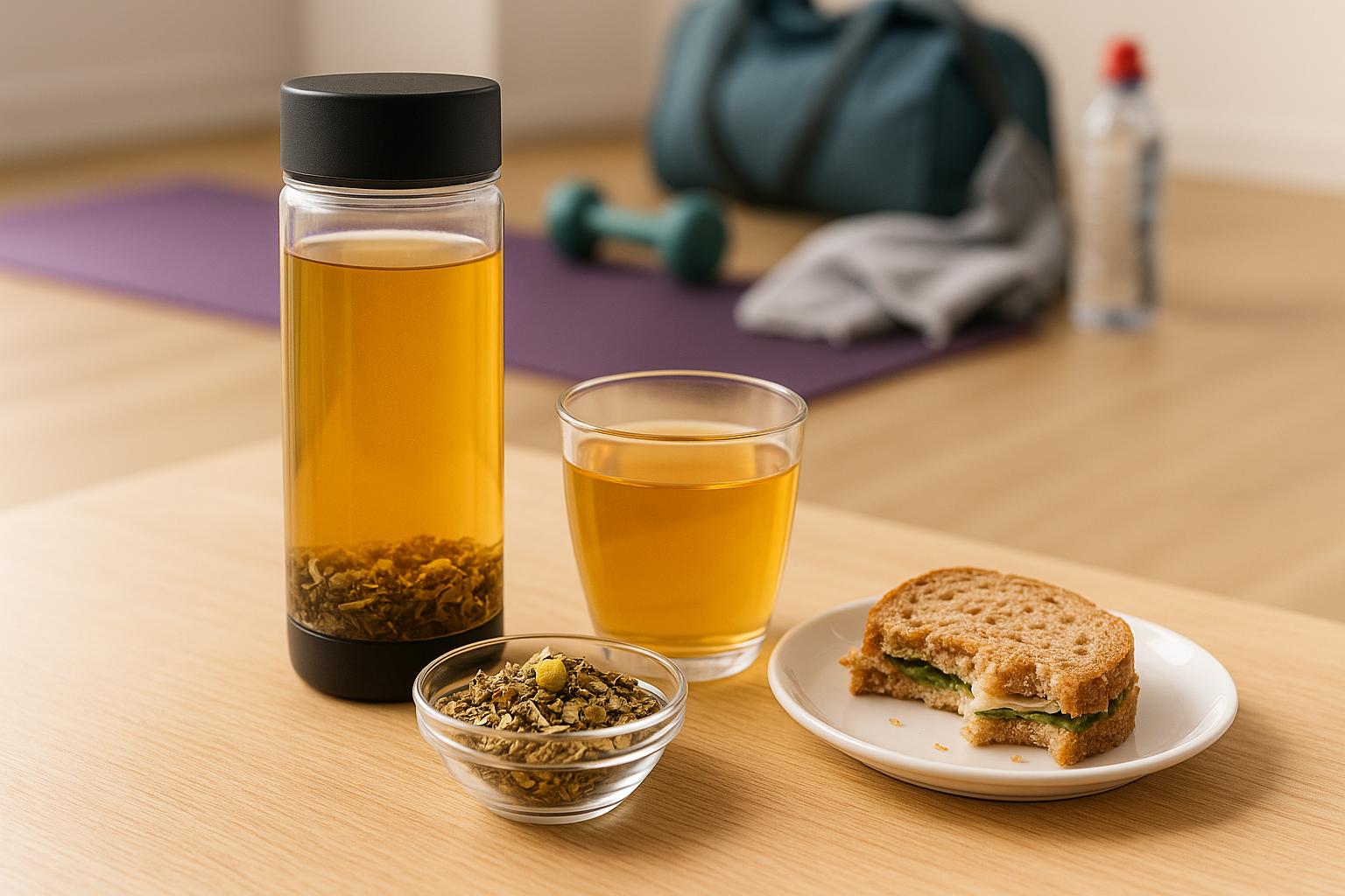 Slank & Fit kruidenthee sportief: infuusfles en glas bij yogamat en snack