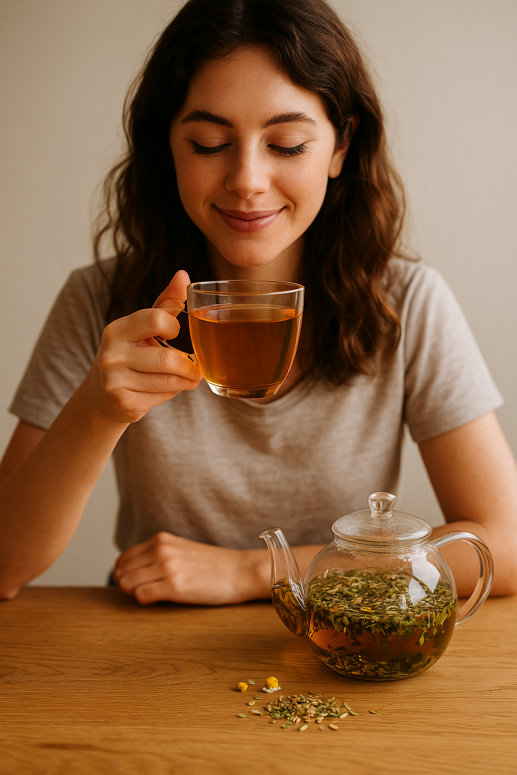 Vrouw geniet van Buikrust kruidenthee: glas en theepot met kruiden op tafel