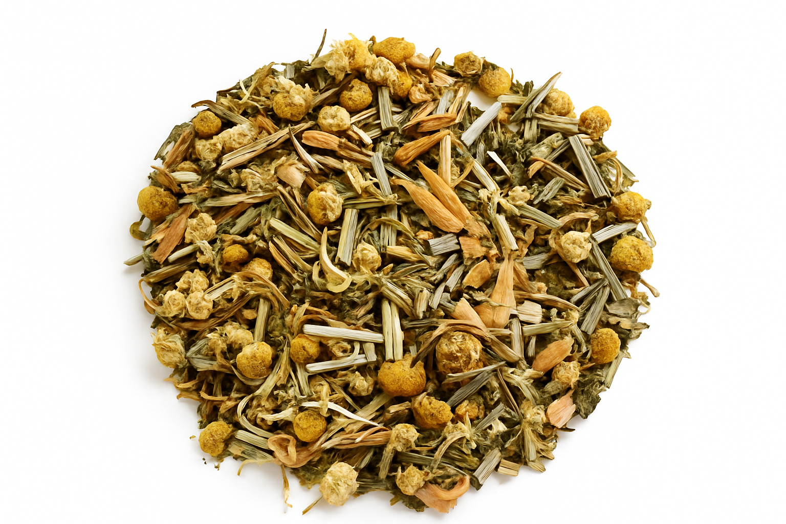 Zen & Kalm kruidenthee – ronde hoop gedroogde kamille en citroengras op witte achtergrond”