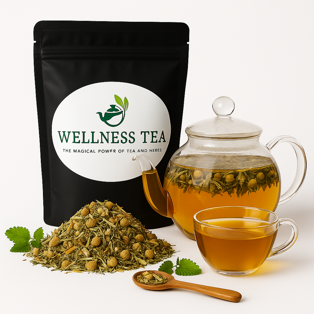 Zen & Kalm kruidenthee – zwarte Wellness Tea‑verpakking met glazen theepot en kruidenthee