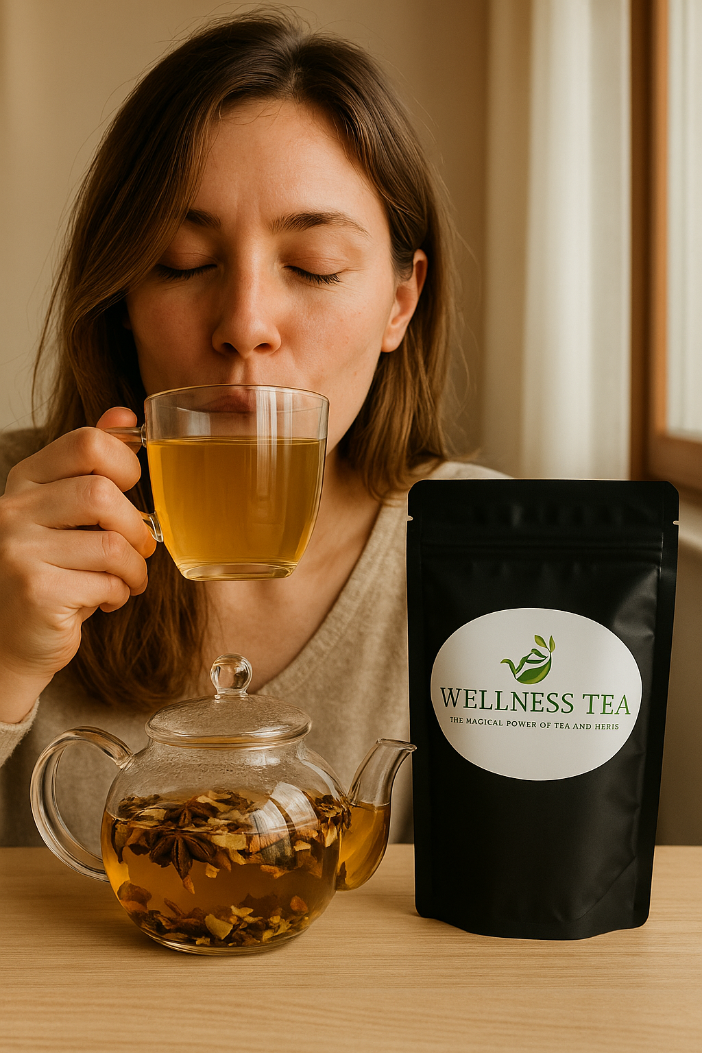 Vrouw drinkt Zesty Gembermix met theepot en Wellness Tea verpakking op tafel