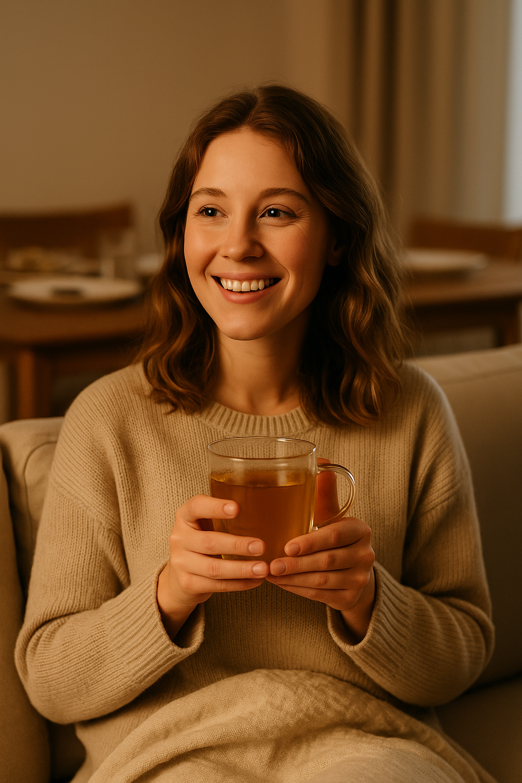 Vrouw in beige trui houdt glas Zesty Gembermix kruidenthee en glimlacht