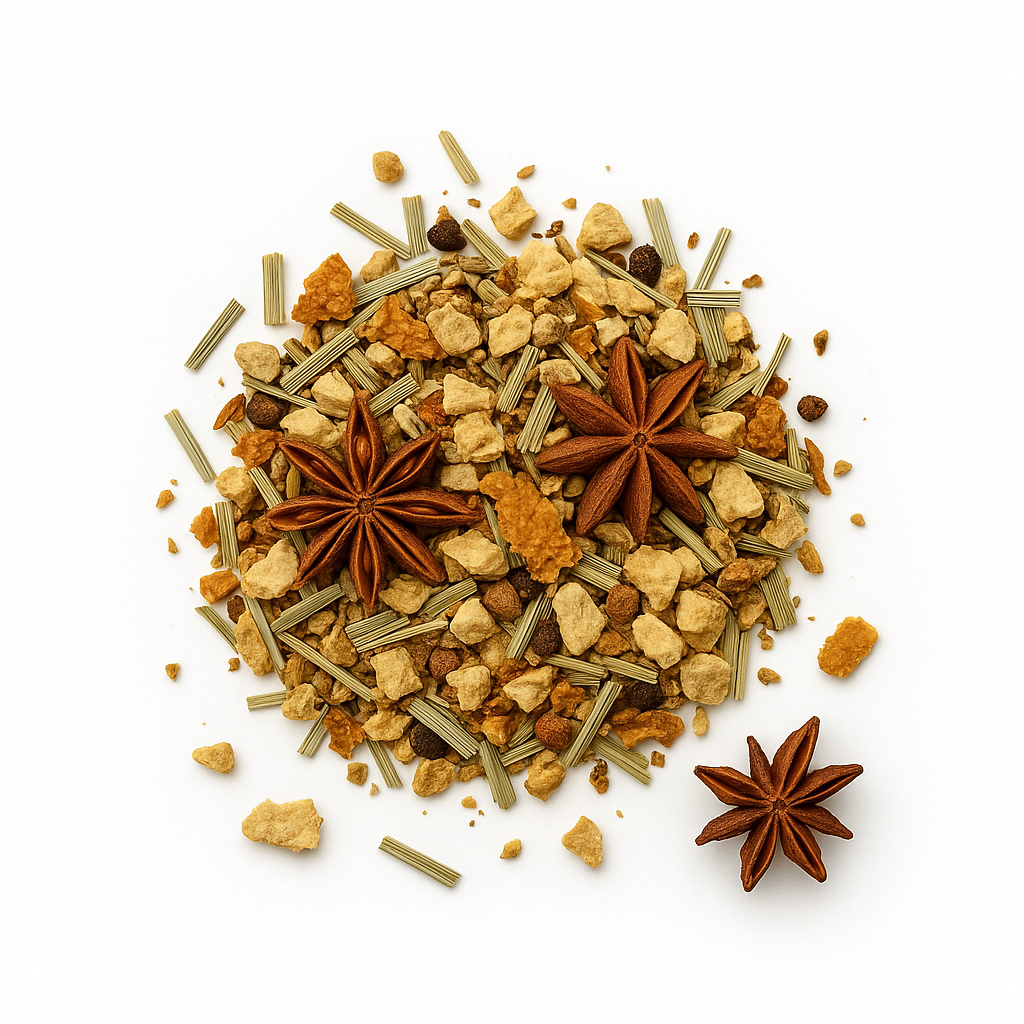 Zesty Gembermix – ronde hoop gedroogde gember, citroengras en steranijs op witte achtergrond