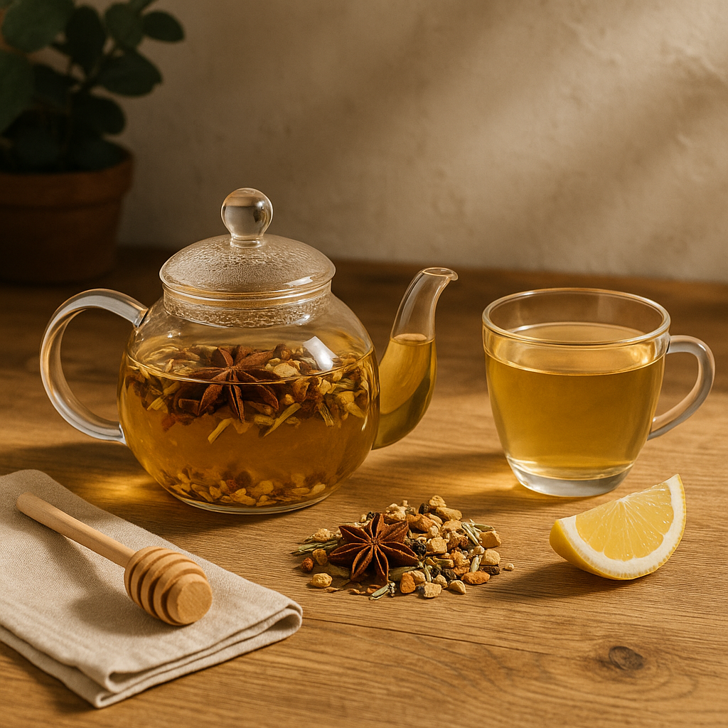 Zesty Gembermix lifestyle: theepot en kopje met citroen, honingdipper en kruiden