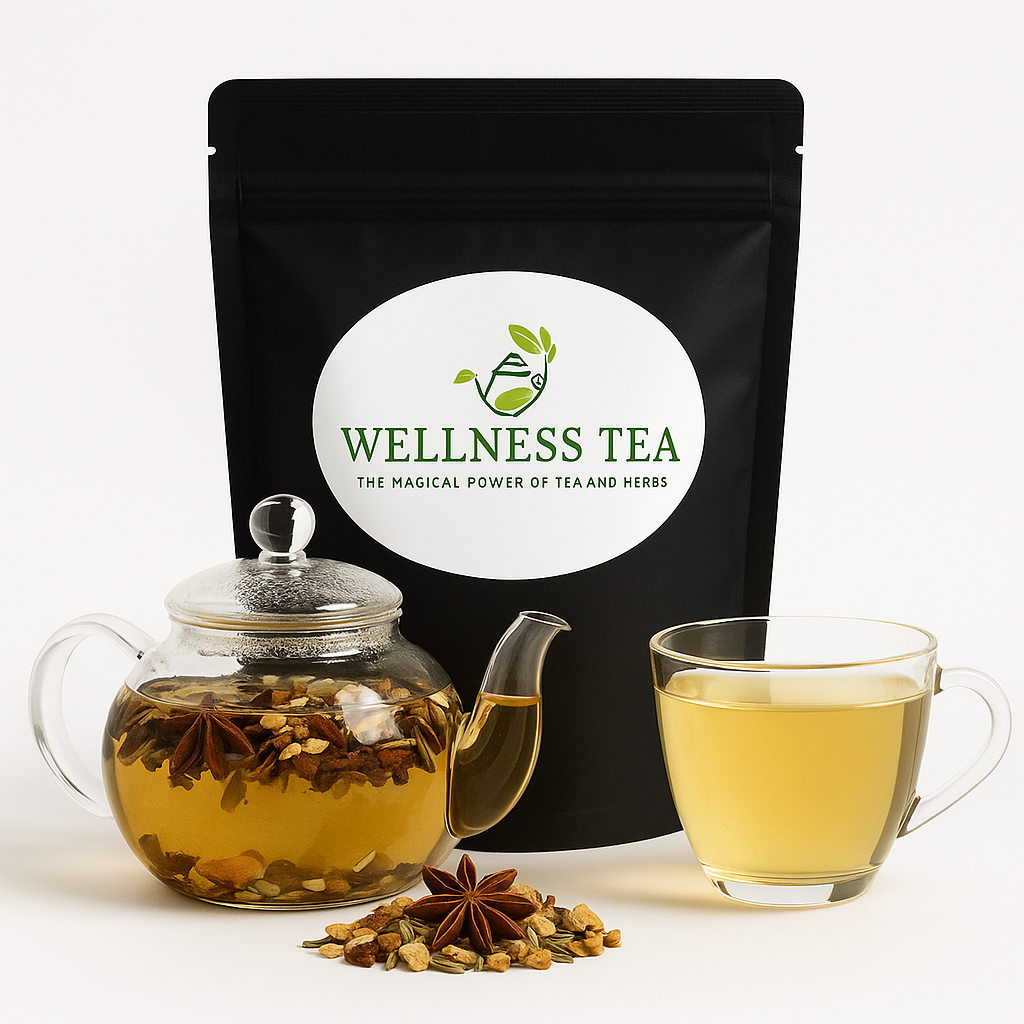 Zesty Gembermix kruidenthee – Wellness Tea verpakking met glazen theepot, glas en kruiden
