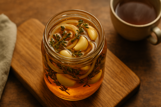 “Pot tijm-honing met tijm, uiringen en knoflook; hartig-zoete keukeninfusie voor koude maanden.