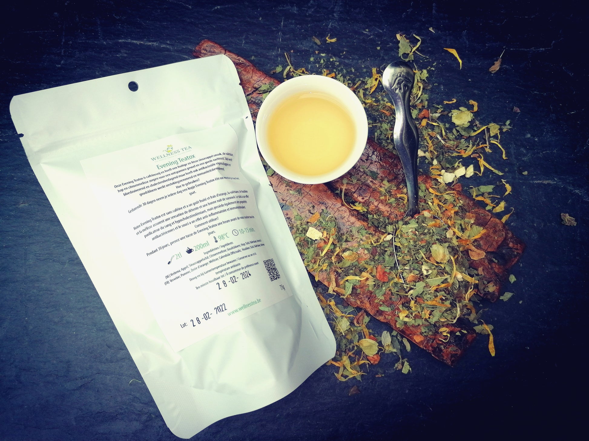 Evening Teatox herbal tea package and liquor